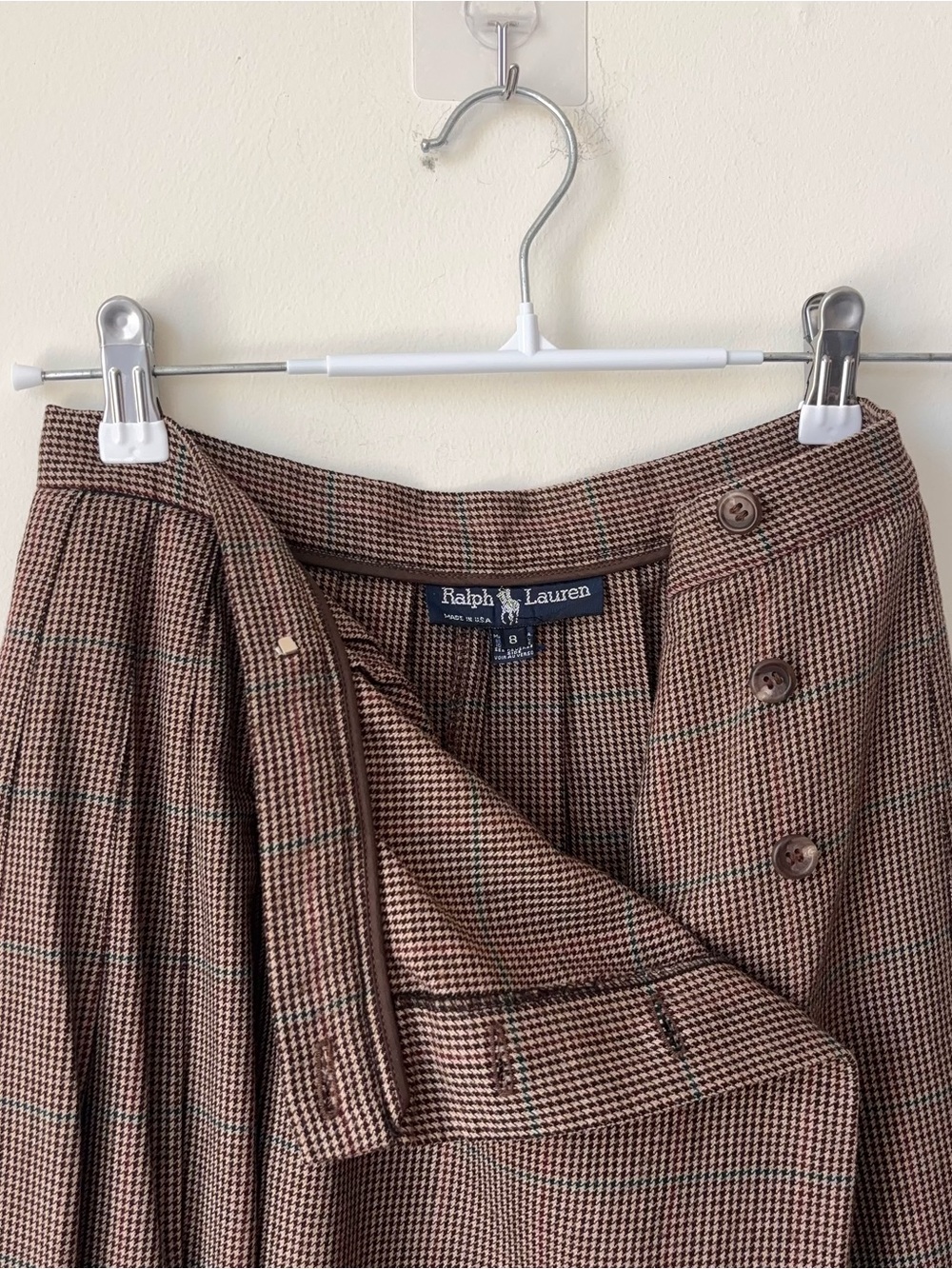 Vintage Ralph Lauren Blue Label 100% Wool Houndstooth Skirt Sz 8 Pleated MiUSA